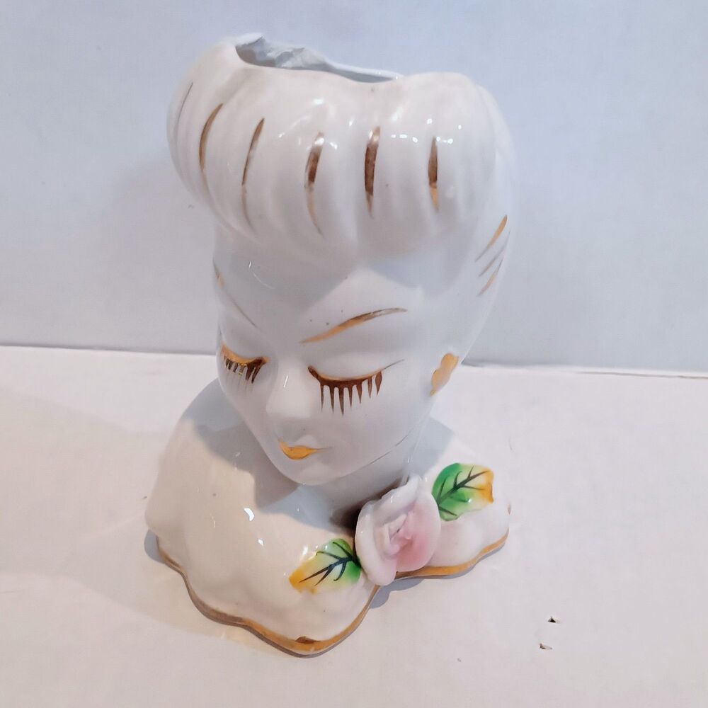 Vintage Glamour Girl Porcelain Head Vase-1950s-Applied Rose-Gold Accents
